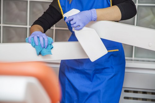 Domestic cleaner tidying a bright Highbury apartment kitchen
